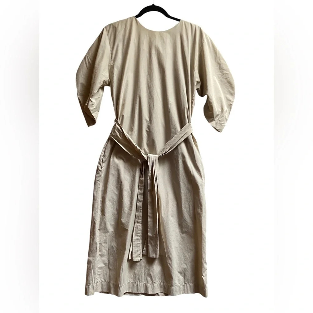 OAK + FORT Belt Wrap Midi Dress Beige Neutral Round Neck One Size